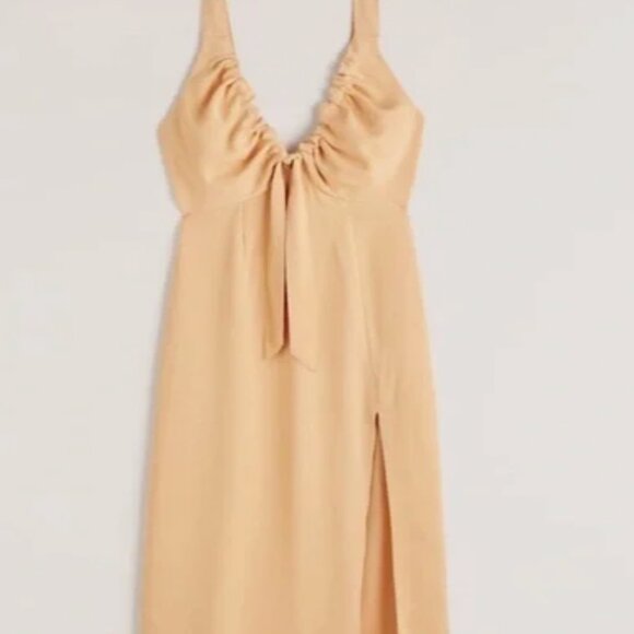 Abercrombie & Fitch Cinched Neckline Midi Slip Dress with Slit Very Light Orange - Picture 1 of 6